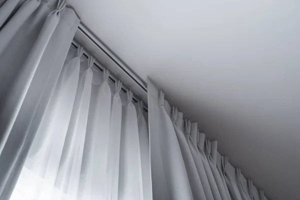 Two Layers Curtain Rails Installed Ceiling Translucent Blocking Lights Curtains Stock Photo