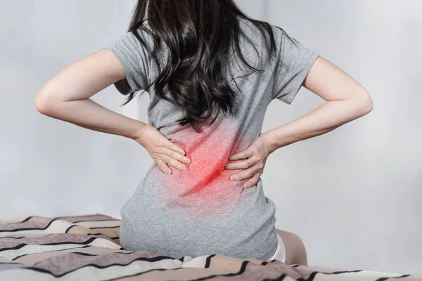 Young Woman Suffering Back Pain Bed Waking Stock Image