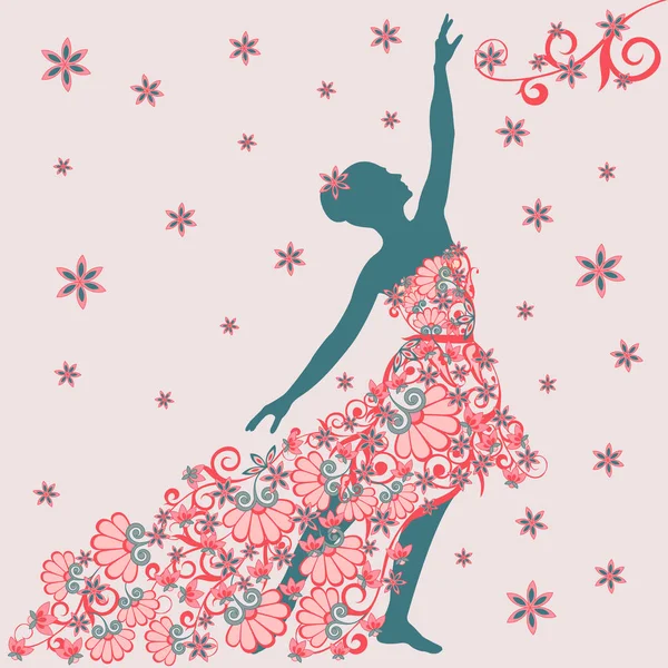 Silueta Mujer Vestido Las Flores — Vector de stock