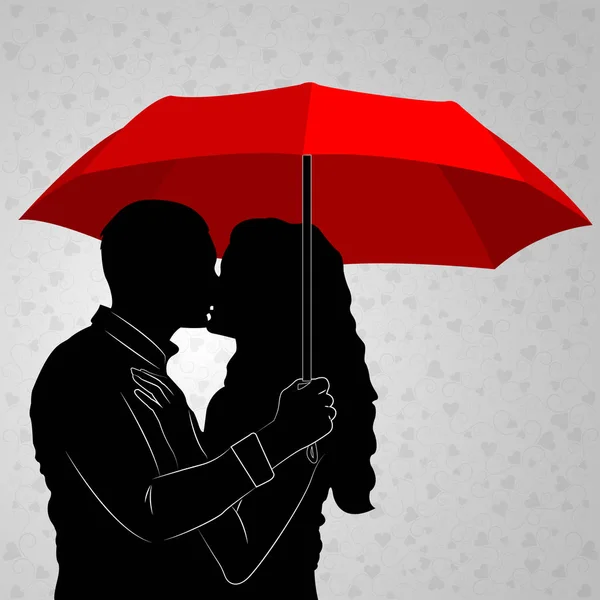 Paar Küsst Sich Unter Rotem Regenschirm — Stockvektor