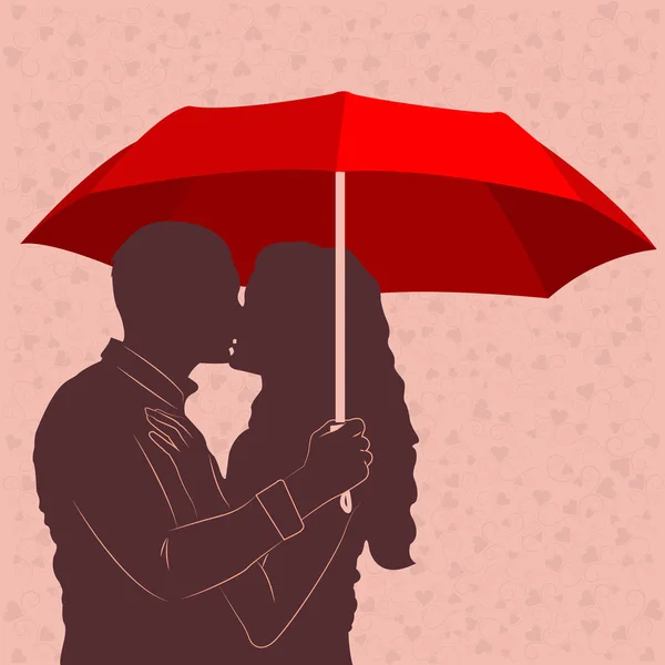 Casal Beijando Sob Guarda Chuva Vermelho —  Vetores de Stock