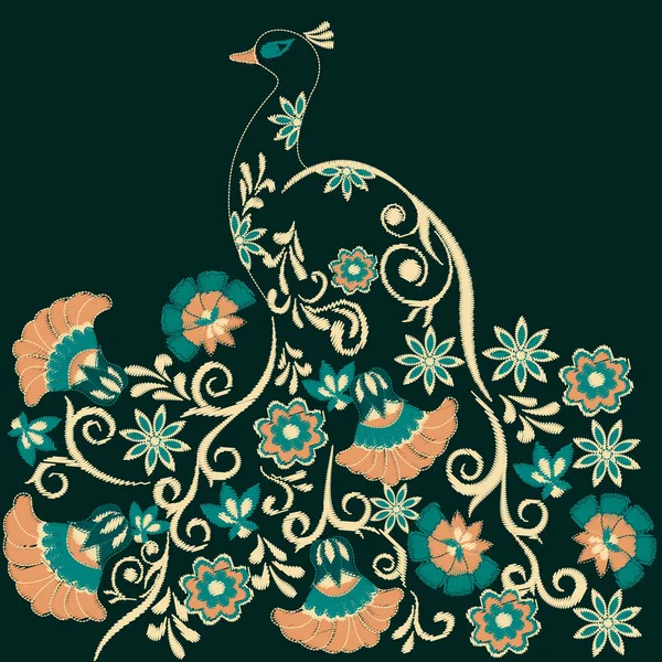 Patroon Met Geborduurde Peacock Bloemen — Stockvector