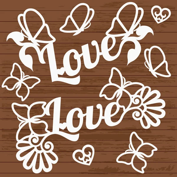 Mot Modèle Amour Avec Des Papillons Des Couleurs Découpées Laser — Image vectorielle