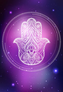 Vektör neon çizim Hamsa boho desen, yıldız ve bulutsunun ile arka plan boşluk ile. Ruhsal, büyülü gösterim amacıyla yaratıcılığınızı