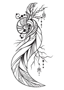 Siyah ve beyaz bir boho öğesi Illustration. Cockleshell tüyler ve boncuk t-shirtler, kapaklar ve yaratıcılığınızı yazdırma dövmeleri, kroki için çizimi doodle. İçin yetişkin renklendirme