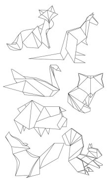 Poligonal kontur hayvanlar kümesi. Siyah ve beyaz vektör öğeleri tasarımınız için