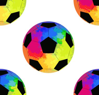 Sulu boya gökkuşağı arka plan ile futbol topları ile Seamless modeli. Vektör doku duvar kağıdı, sarıcı, arka planlar ve yaratıcılık için