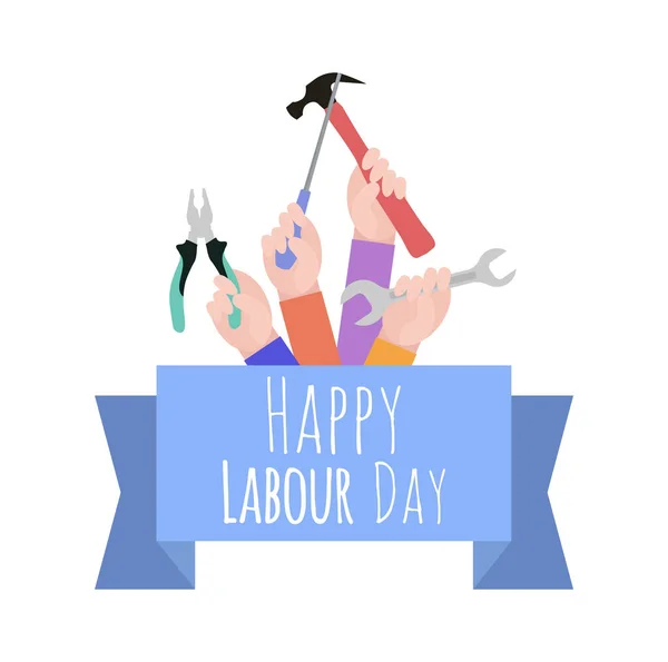 労働の日にはがき ツールでの作業 リボンのお祝いを申し上げます 幸せな労働者の日 — ストックベクタ