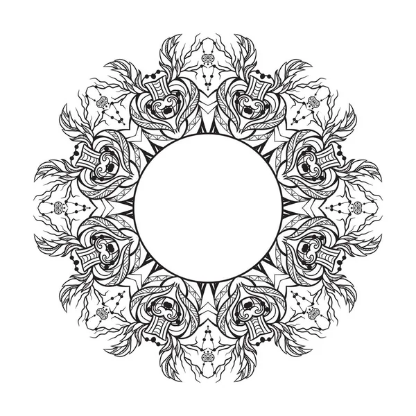 Чорно Біла Кругла Мандала Бохо Візерунком Ілюстрація Doodle Ескізу Запрошення — стоковий вектор