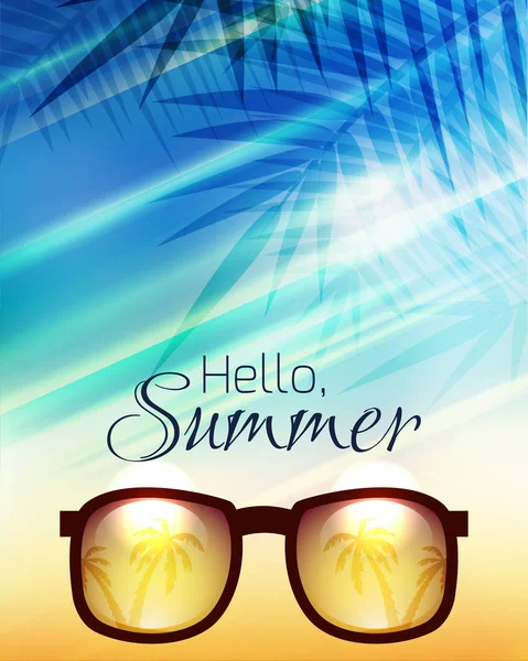 Vektor Sommerposter Mit Sonnenbrille Handflächen Und Kalligrafie Hintergrund Strand — Stockvektor