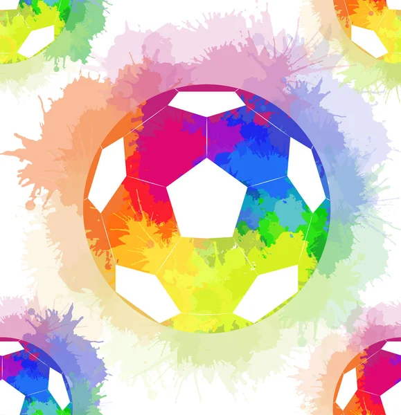 Sulu Boya Gökkuşağı Sprey Ile Beyaz Futbol Topları Ile Seamless — Stok Vektör