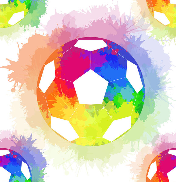 Seamless pattern with white soccer balls with watercolor rainbow spray. Vector texture for wallpaper, wrapper, backgrounds and your creativity