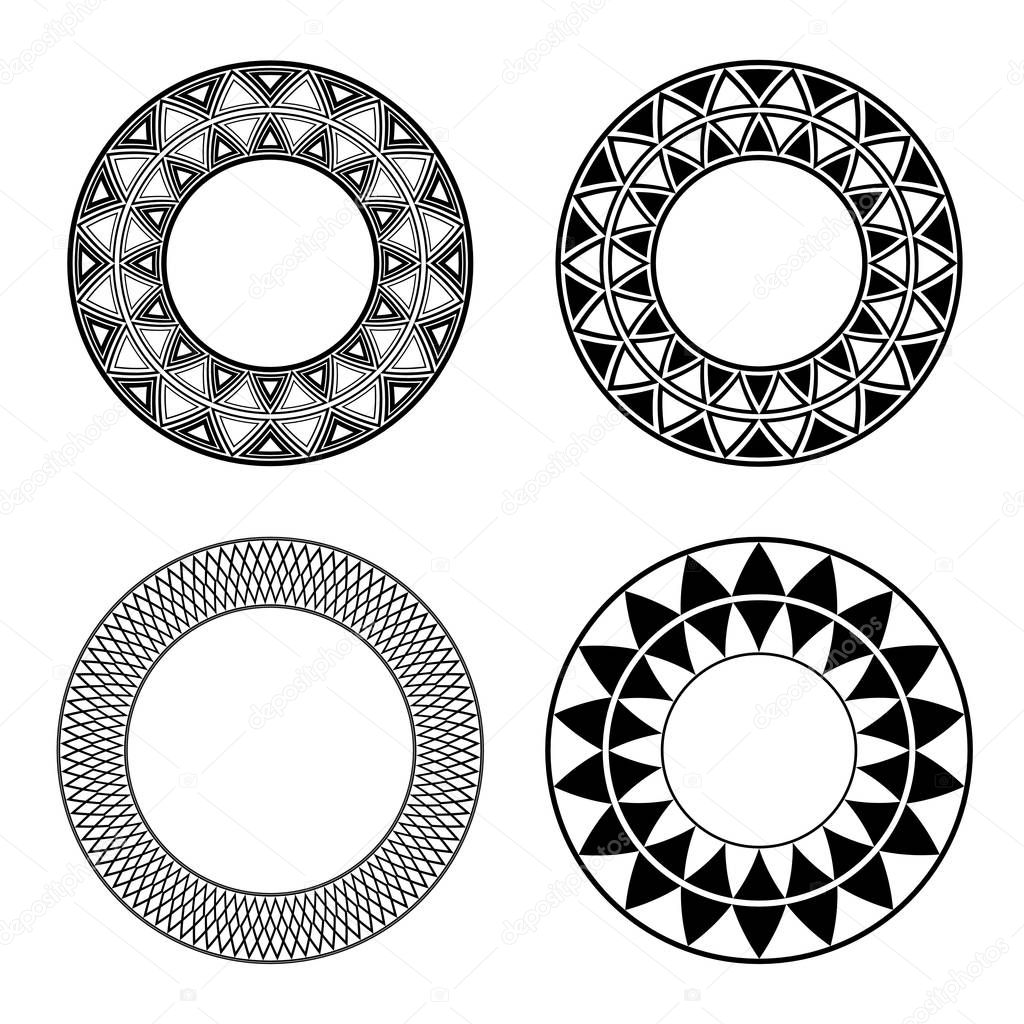 Set of black and white round frames with geometric pattern. Vector element for invitations, cards and your design