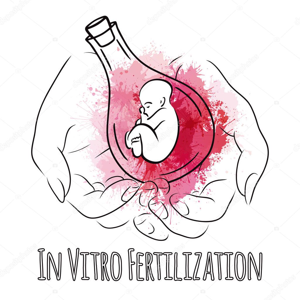 Contour of female hand holding test tube with a child on the topic of artificial insemination with watercolor splashes. For logos, icons, infographics and your design