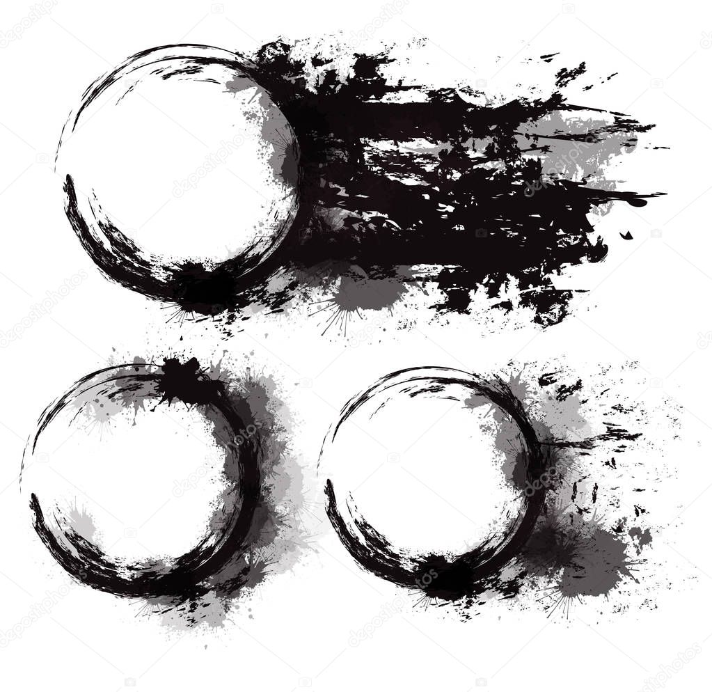 Set of round frames with grungy scuffs and watercolor sprays. Ink stains. Vector element for invitations, banners and your design