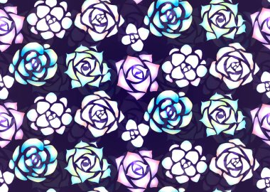 Karanlık bir arka plan ışığını yamalari ile Seamless modeli neon succulents. Yukarıdan görüntüleyin. Kumaşlar, duvar kağıdı ve tasarımınızı oluşturmak için vektör doku.