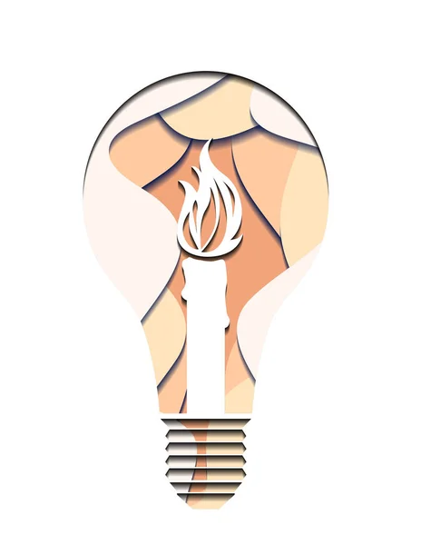Illustration Une Ampoule Avec Bougie Allumée Coupée Dans Papier Élément — Image vectorielle