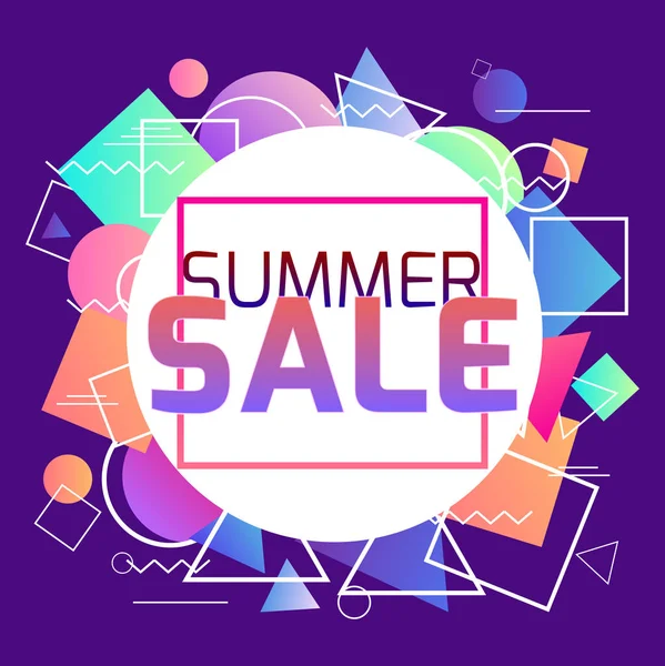 Neon afiş yaz Satılık mor zemin üzerine geometrik şekillerle memphis tarzı. İndirim. Vektör daire kare için yaratıcılığınızı
