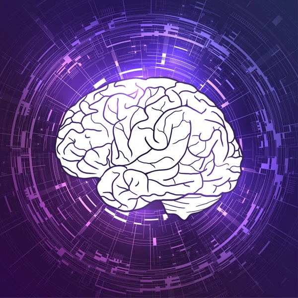 バイオレット テクノ背景に人間の脳 ディスプレイ あなたのデザインのベクトル要素 — ストックベクタ