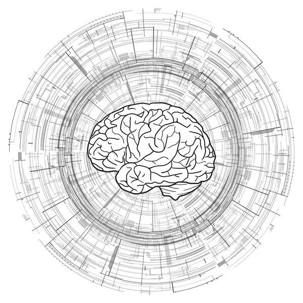 円形の技術的な背景に人間の脳 マイクロ チップ 青写真 あなたの創造性のための黒と白のベクトルの背景 — ストックベクタ