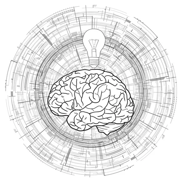 Menschliches Gehirn Und Eine Glühbirne Auf Technischem Kreisförmigem Hintergrund Idee — Stockvektor