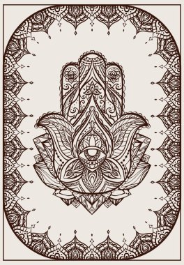 Boho desenli tebrik kartı Hamsa Iilustration ile. Buda el kına. Boyama kitabı, T-shirt baskı ve tasarım tattoo, sizin kroki için vektör öğesi.