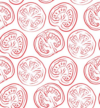 Bir kesim domates ile Seamless modeli. Vektör anahat çizim. Sebze doku duvar kağıdı, sitelerin tasarımı ve tasarım için