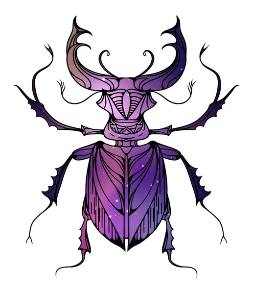 Escarabajo Ciervo Vintage Dibujado Mano Con Patrón Boho Fondo Cósmico — Archivo Imágenes Vectoriales