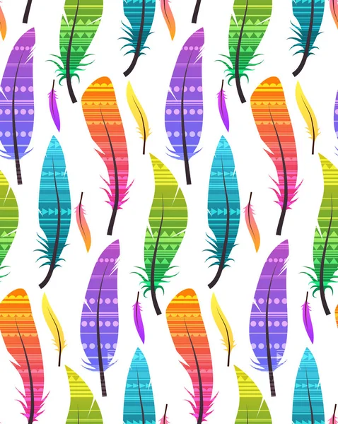 Modèle Sans Couture Avec Différentes Plumes Colorées Avec Motif Ethnique — Image vectorielle