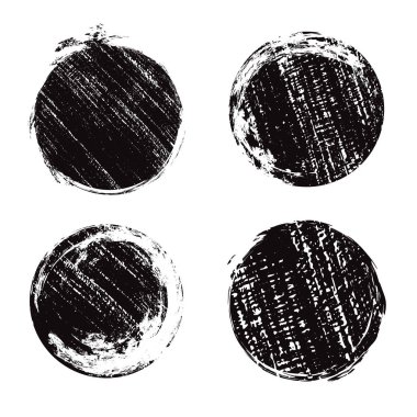 Yuvarlak grunge afiş çizikler ile ayarlayın. Mürekkep yazdırır. Afiş, davetiye ve tasarımınız için vektör öğesi