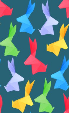 Çok renkli origami ile sorunsuz doku koyu arka plan üzerinde tavşan. Duvar kağıdı, kumaşlar ve yaratıcılık için 3D desen vektör
