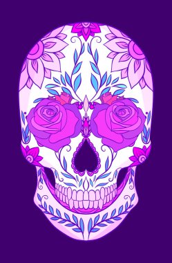 Güllü renk neon illüstrasyon şeker kafatası. Ölülerin günü tatil. Vektör öğesi için yaratıcılığınızı