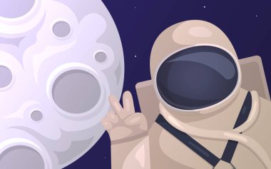 Vektör çizim arka planı ay fotoğraf çekmek turist astronot. Uzay turizm. Aya ilk Turizm