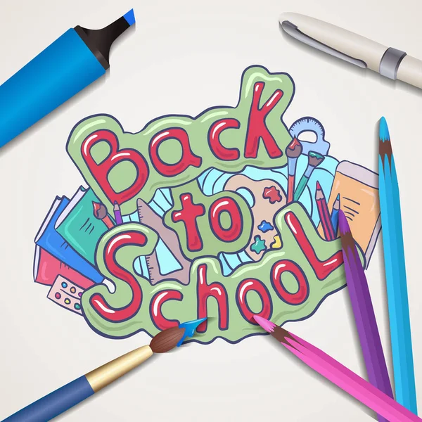 Vektorové Ilustrace Textem Doodle Zpátky Školy Různými Školy Dodává Akvarelový — Stockový vektor