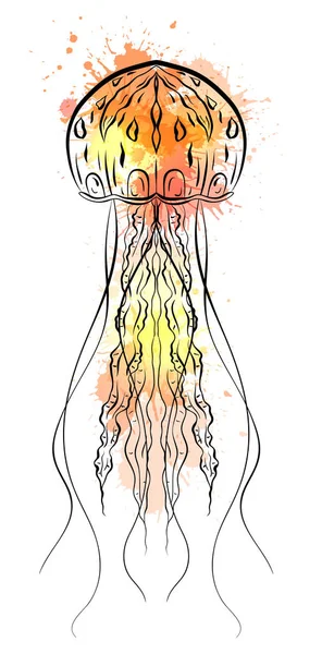 水彩の水しぶきでクラ ゲの黒と白のイラストを輪郭します オブジェクトは 背景から分離します シャツ カバー 入れ墨のスケッチ デザイン印刷用線形図 — ストックベクタ