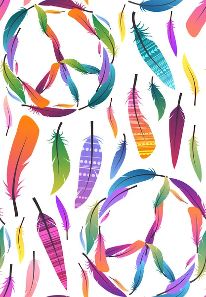 Textura Boho Sin Costuras Con Plumas Multicolores Patrón Tribal Signo — Vector de stock