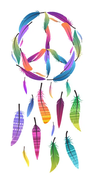 Farbenfroher Traumfänger Mit Friedlichem Zeichen Und Friedenszeichen Aus Federn Pazifik — Stockvektor