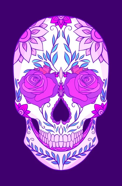 Güllü renk neon illüstrasyon şeker kafatası. Ölülerin günü tatil. Vektör öğesi için yaratıcılığınızı