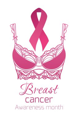 Meme kanseri bilinçlendirme. Pembe kurdele ile pembe hassas sutyen. Kartları, afiş, el ilanları ve tasarımınız için vektör öğesi.