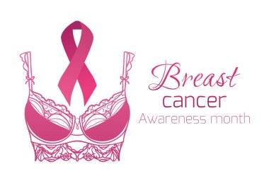 Meme kanseri bilinçlendirme. Pembe kurdele ile pembe hassas sutyen. Kartları, afiş, el ilanları ve tasarımınız için vektör öğesi.