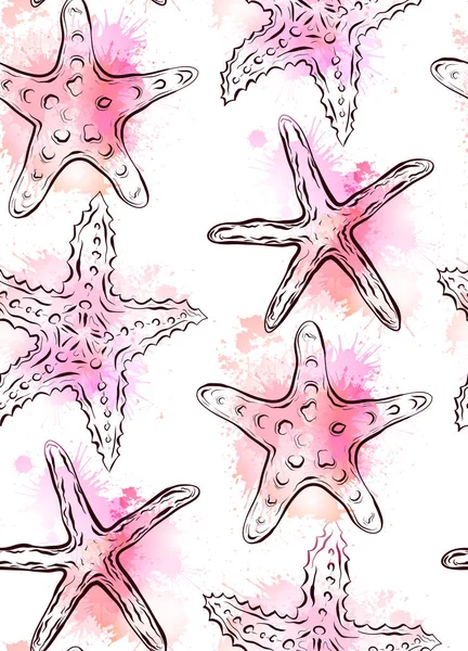 컨투어 Starfishes 수채화 밝아진와 텍스처 창의력에 — 스톡 벡터