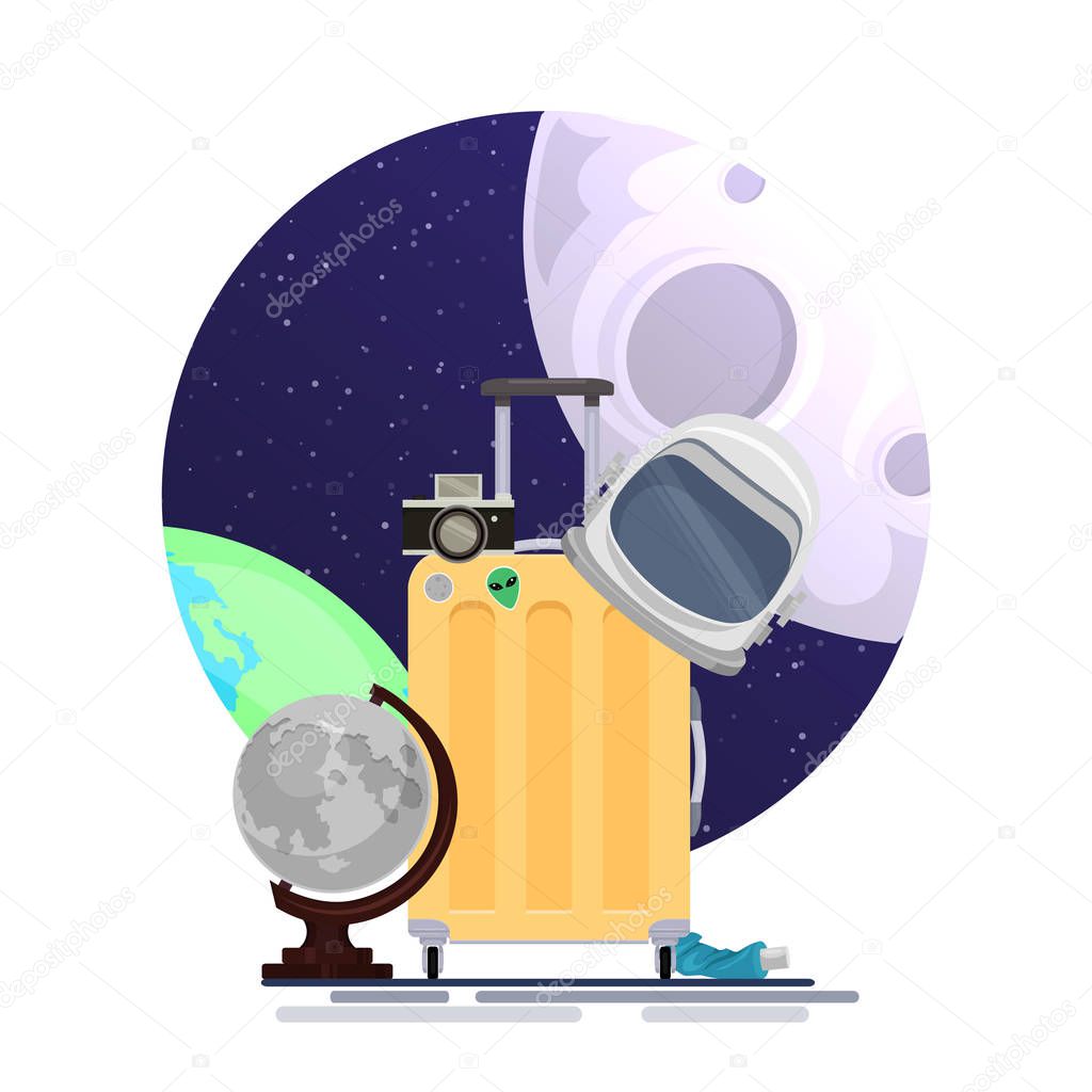 Vector flat illustration of space tourists suitcase with astronauts helmet, moon globe and camera on space illustration. Space tourism. Illustration for your creativity