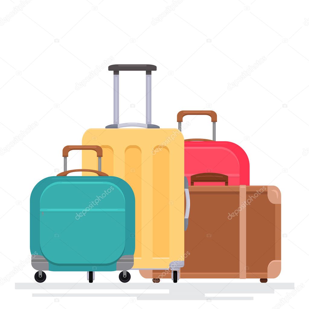 Flat illustration of various suitcases on a white background. Traveling with family. Vector element for postcards, banners and your creativity