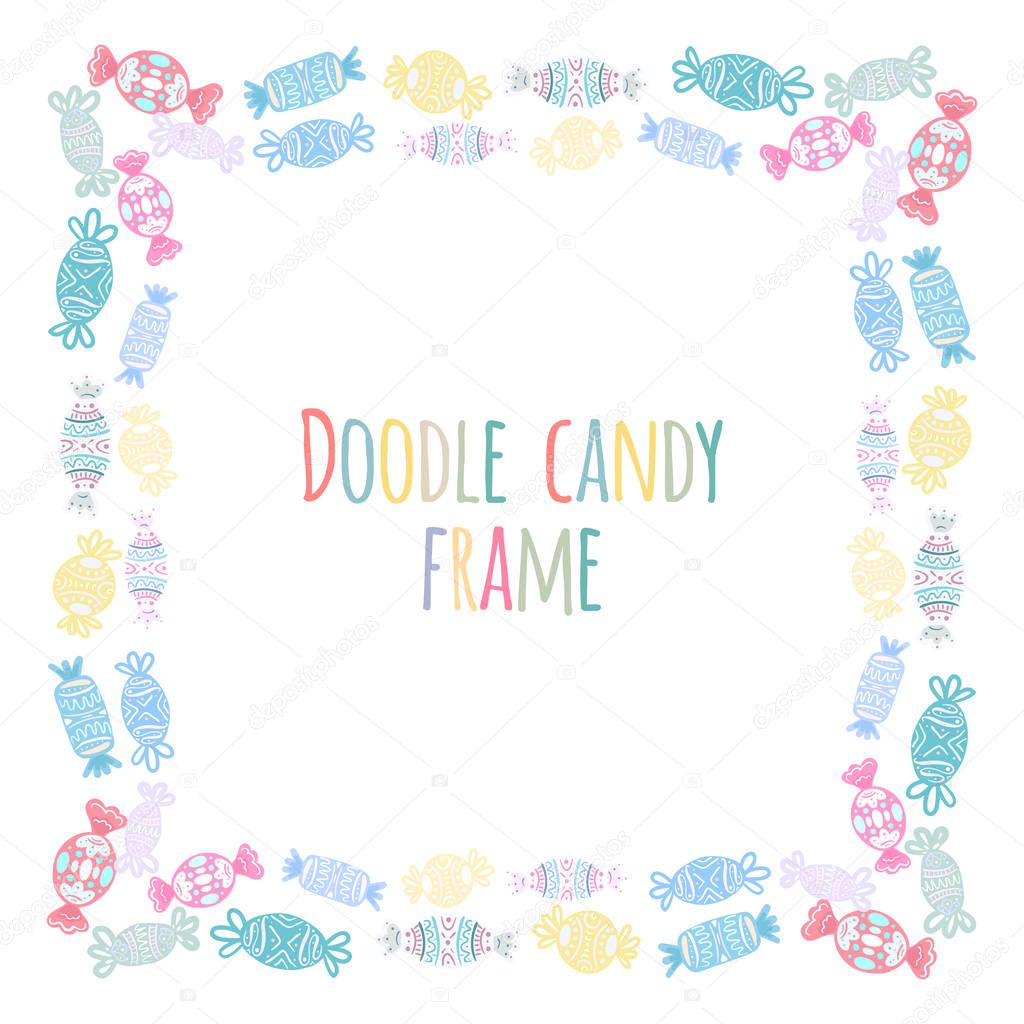 Set of round frames of doodle candy pattern. The object is separate from the background. Template for invitation, greeting cards and your creativity