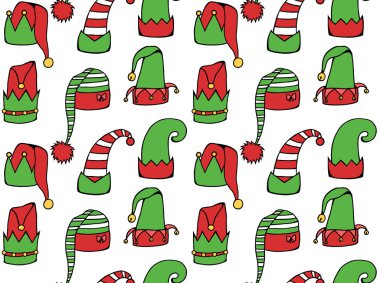 Çizgi film elf şapkaları ile sorunsuz doku. Kağıt, arka planlar, kumaşlar ve yaratıcılığınızı kaydırma için vektör Festival arka plan