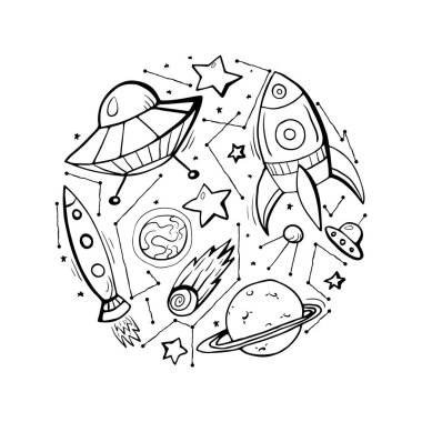 Yıldız, uzay gemileri ve UFO kontur çocuk çizimleri kümesi. Vektör öğeleri kartlarının, çıkartmalar ve yaratıcılığınızı