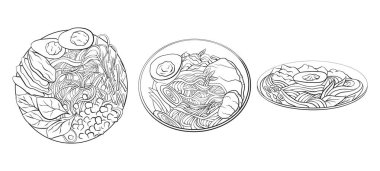 Kontur siyah beyaz çizgi film ramen farklı açılardan içinde Illustration. Erişte. Menü kartı, boyama sayfaları ve yaratıcılık için vektör öğesi.