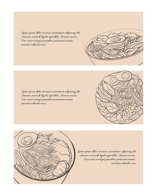 Yatay banner bir dizi farklı açılardan ramen kontur siyah beyaz çizgi film gösterimi ile. Erişte. Menüler, siteleri, kartları ve tasarımınız için vektör şablon.