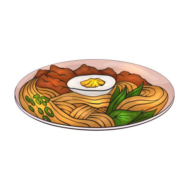 Ramen boyama karikatür çizimi. Erişte. Arka plandan ayrı bir nesnedir. Menü kartı ve yaratıcılık için vektör öğesi.