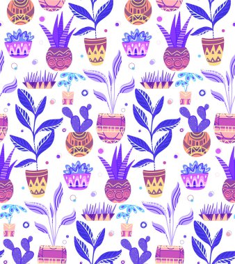 Çizgi film ev çiçek süslemeleri beyaz arka plan üzerinde ile tencere sorunsuz neon doku ile. Kumaşlar, duvar kağıtları, arka planlar ve yaratıcılık için vektör desen